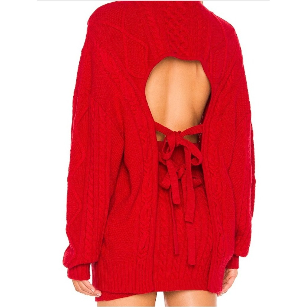Ronny Kobo Selas Scarlet Red Cable Knit Cardigan Open Back Oversized Tie XS
